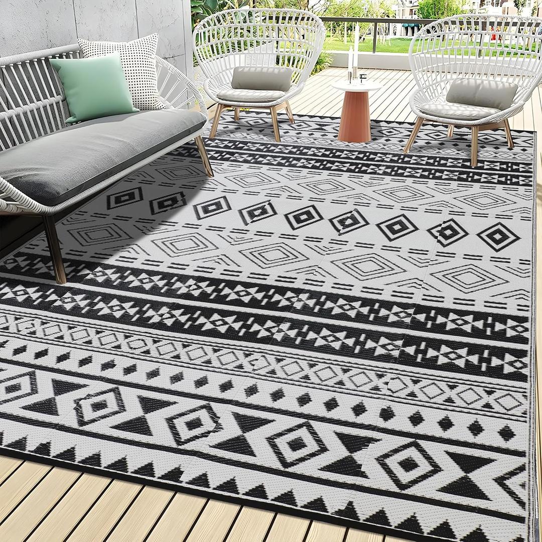 Outdoor Rugs, Outdoor Plastic Straw Rug, Reversible Waterproof Carpet for Camping, Poolside, Garden, BBQ Area, Gazebo Flooring, RV Park & Beach, Geometric Style, 8x10 (Boho - Grey)