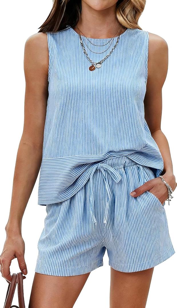 Ekouaer Womens Summer Lounge Set 2 Piece Outfits Sleeveless Tank Top and Shorts Set 2026 Beach Vacation Clothes, Blue, X-Large