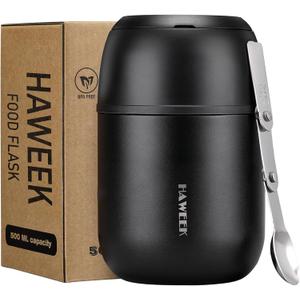 Insulated Food Container 17 oz Soup Thermo for Hot Food Kids Adults, Stainless Steel Vacuum Lunch Box with Folding Spoon, Adult Kids Thermo Portable with Handle for School, Office, Outdoor (Black)