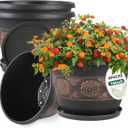 4 Pack 16 inch Plant Pots, Retro Pattern Planters with Drainage Holes and Saucer, Sturdy Plastic Garden Flower Pots for Indoor & Outdoor Plants (Copper)