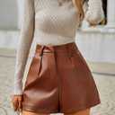 Milumia Women's PU Leather High Waisted Pleated Wide Leg Dressy Shorts with Pocket (Brown, S)