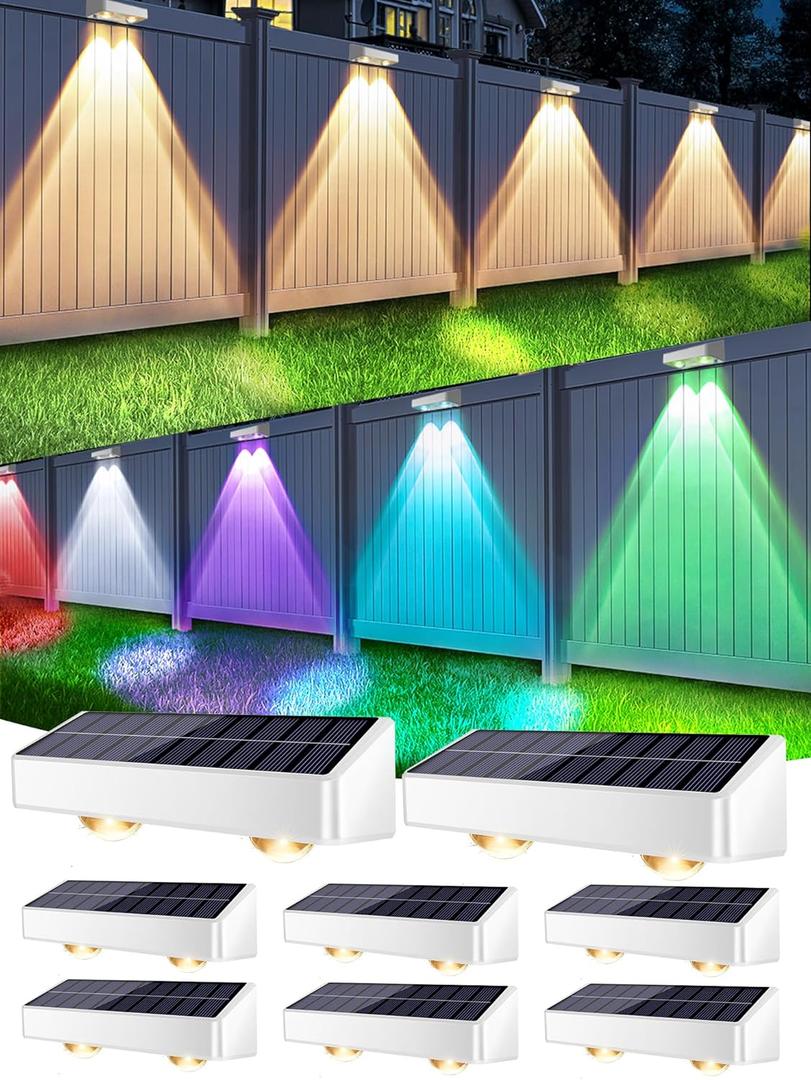 Brizled White Solar Fence Lights Outdoor, 11 Modes & 9 Colors Color Changing Solar Wall Lights, 100 Lumens IP65 Waterproof Outdoor Deck Lighting for Railing Wall Fence Poolside, 8 Pack