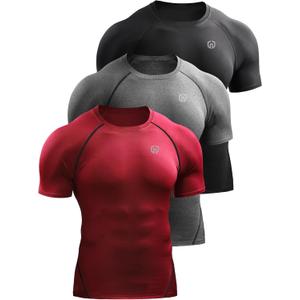 NELEUS Men's Compression Baselayer Athletic Workout T Shirts (Large, 5022 Black/Grey/Red)