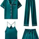 SAPJON Silk Pajamas for Women Set 4Pcs Ruffled Satin Pajamas Set Button Down Short Sleeve Cami Shorts Sleepwear Pj Set