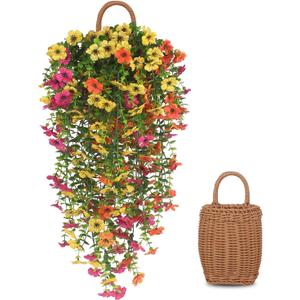 KTGOW 3 PCS Artificial Fake Hanging Flowers Plants with Basket for Spring Autumn Outdoor Outside Decoration, UV Resistant Faux Plastic Fabric Flower for Garden Porch Patio Balcony Yard Decor（Mix）