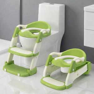 SereneLife 2-in-1 Potty Chair & Potty Training Seat with Step Stool Ladder - Height Adjustable Kids/Toddler Toilet Seat with Stable Anti-Slip Design, Cushioned Seat & Splash Guard For Boys Girls (Green)