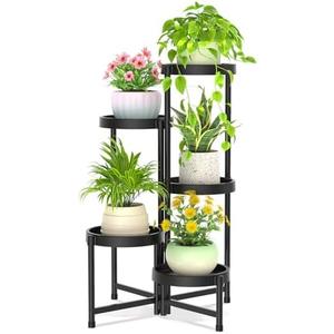iDavosic.ly 5 Tier Folding Plant Stand Indoor Outdoor with Plastic Tray, Tiered Corner Flower Holder Shelf, Metal Orchid Display Rack for Patio Porch Living Room Garden Balcony, Modern Black