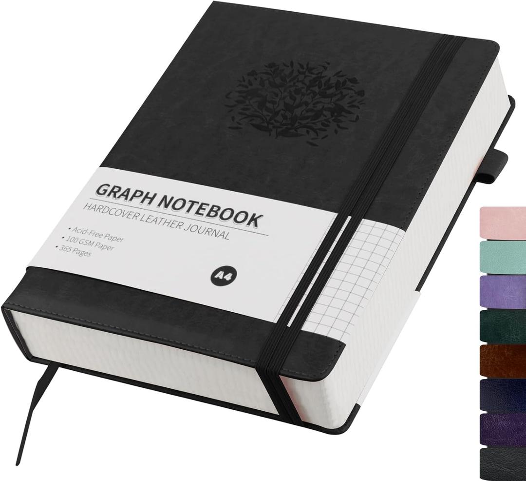 Graph Paper Notebook 8.5x11 Hardcover Leather Journal For Women,365 Pages Graph Journal A4 Black Graphing Notebook for Work, School,Engineering,Thick Grid Notebook For Men