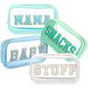 SilTriangle 4 Pcs Mama and Baby Toiletry Bag Clear Chenille Letter Diaper Bag Pouch Snacks Makeup Stuff Travel Preppy Transparent Pouch with Zipper for Women Gift(Fresh Color)