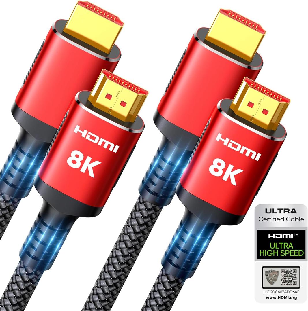 Snowkids 10K 8K Certified HDMI 2.1 Cable 10FT 2-Pack, 48Gbps Ultra High Speed HDMI Braided Cord, Support 8K@60Hz 4K@120Hz, HDCP 2.2&2.3,eARC,Dynamic HDR,Compatible with TV/HDTV/PS-5 (Red)