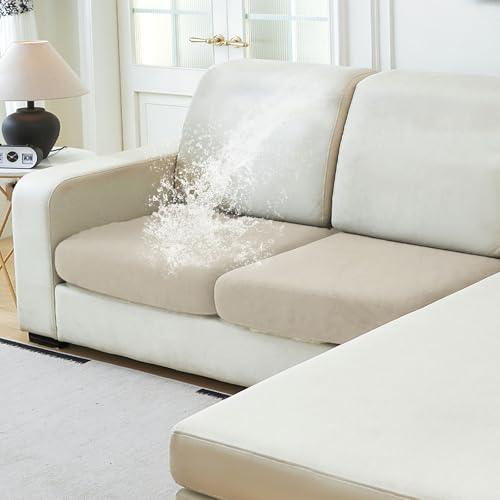 NAISI Waterproof Couch Cushion Covers Thick Velvet Fabric Washable Sofa Slipcovers 2 Pieces Individual Sectional Couch Covers with Elastic Bottom(2 Pcs for 2-Seat or Backrest, Light Taupe)