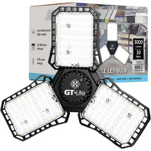 GT-Lite 3000 Lumen LED Garage Light, 300Watt Equivalent, Adjustable 3 Panel Bulb,150 Watt Equivalent, 5000K Daylight, E26