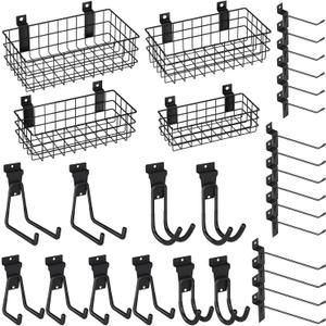 INCLY 30PCS Slatwall Accessories Set, Includes 4 Pack Ventilated Metal Wire Slatwall Baskets and 26PCS Multisized Heavy Duty Slat wall Hooks for Garage Organization Rooms Workshop Storage