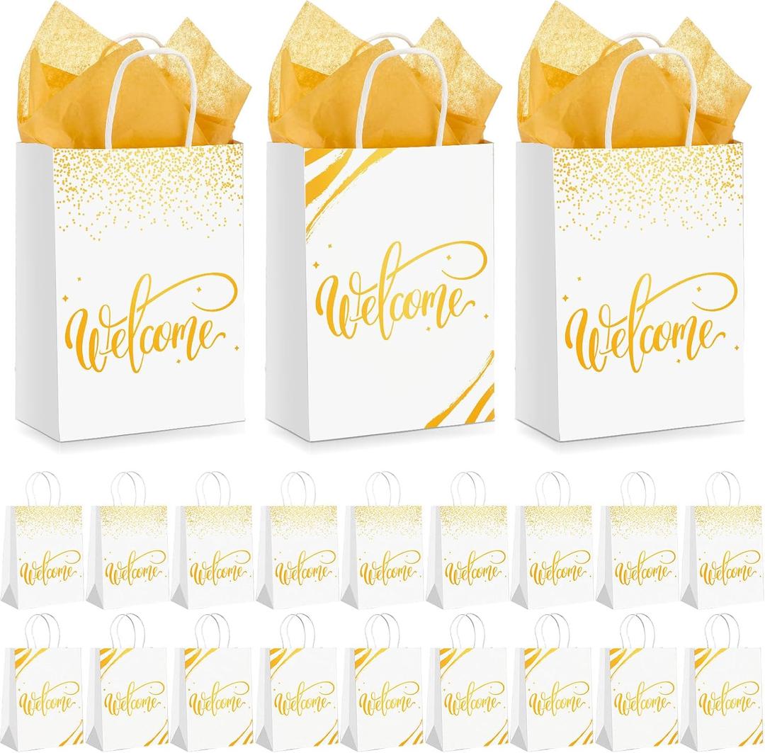 Kosiz 50 Sets Welcome Gift Bags Bulk with Handles and Tissue Paper Welcome to Our Church Kraft Paper Bags for Guests Hotel Wedding Church Visitors Birthday Party Supplies(White)