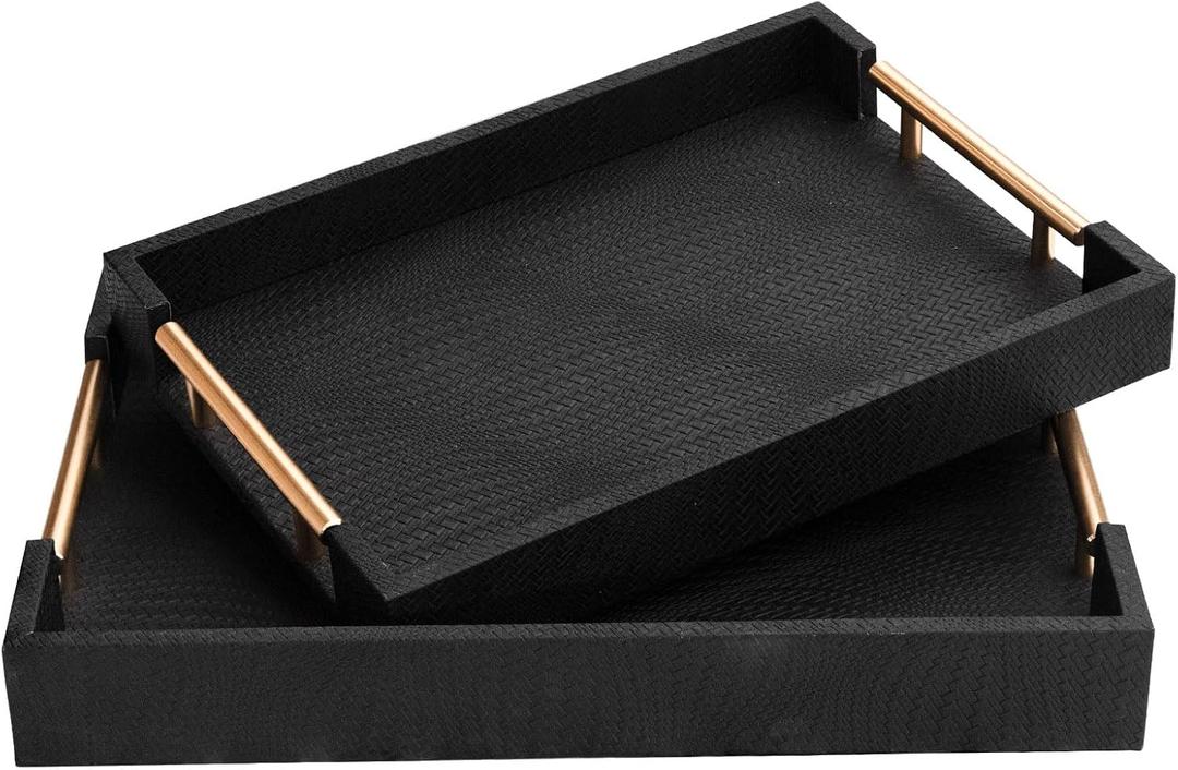1 Piece Woven Leather Ottoman Tray with Gold Handles, Perfect Rectangular Serving Tray for Living Room, Coffee Table Tray as Thoughtful Gift for Home Decor Enthusiasts (Black)