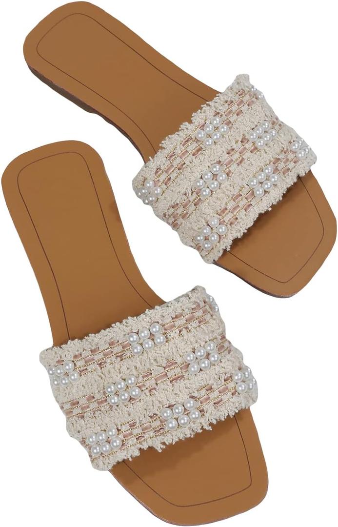 GORGLITTER Women's Summer Beach Flat Cute Sandals 2025 Color Block Faux Pearls Decor Leather Flat Slides (Beige and Brown)