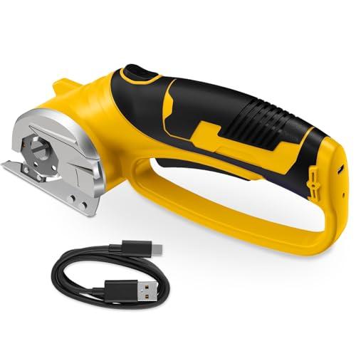 Cordless Electric Scissors, 4V Rechargeable Box Cutter & Cardboard Cutter with Titanium Blade, LED Light, Safety Lock - Rotary Cutter for Fabric, Leather, Carpet, Plastic, Crafting, Sewing(Yellow)