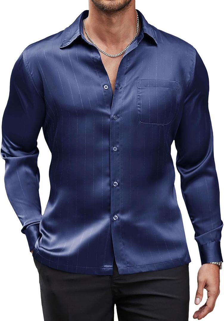 COOFANDY Men's Luxury Shiny Silk Like Satin Dress Shirt Long Sleeve Slim Fit Button Up Shirts (Navy Blue, X-Large)