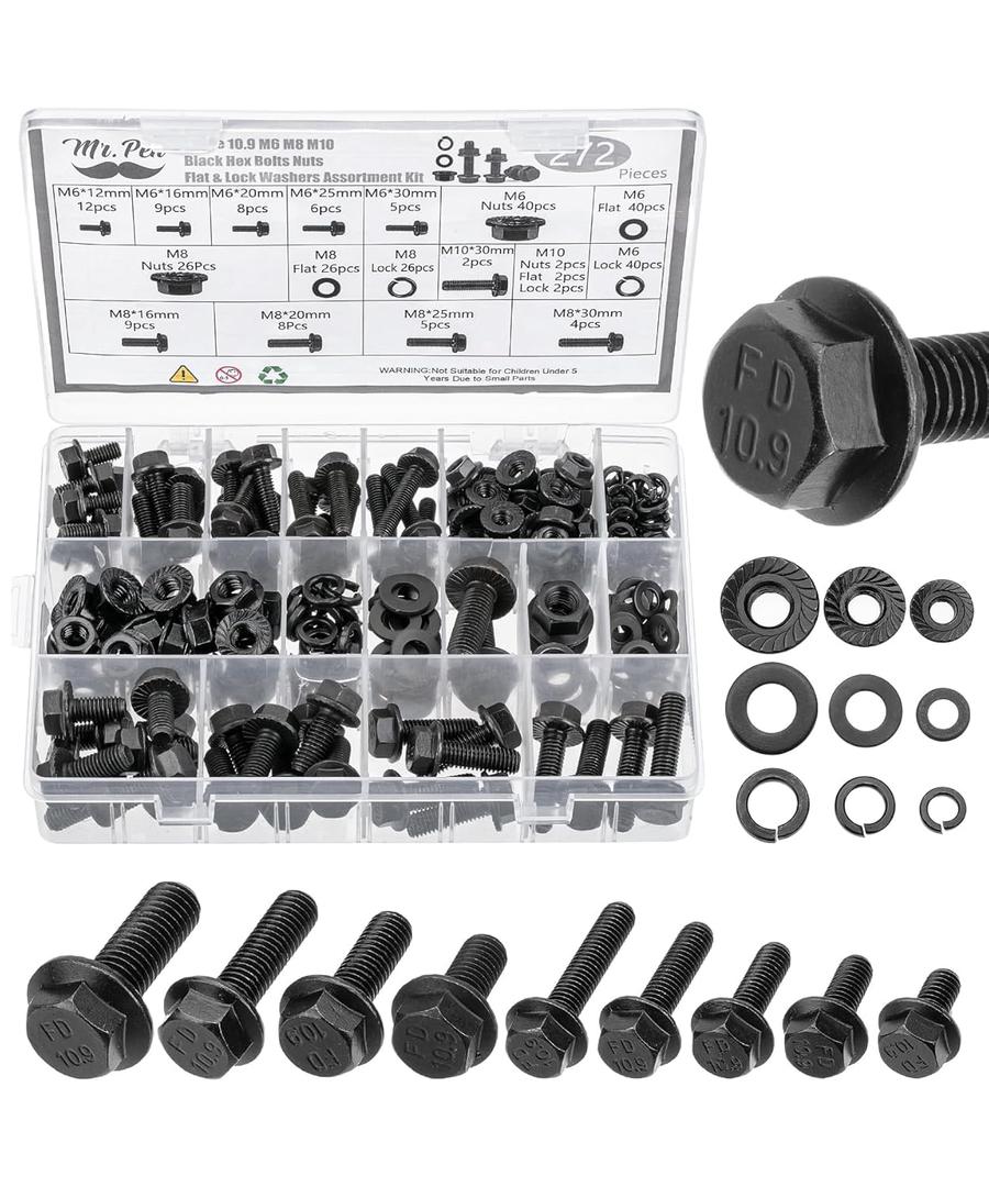 Mr. Pen- Nuts and Bolts Assortment Kit, 272 pcs, Black Carbon Steel, Grade 10.9, M6, M8, M10(12mm to 30mm), Flange Hex Head Metric Assorted Nuts and Bolts
