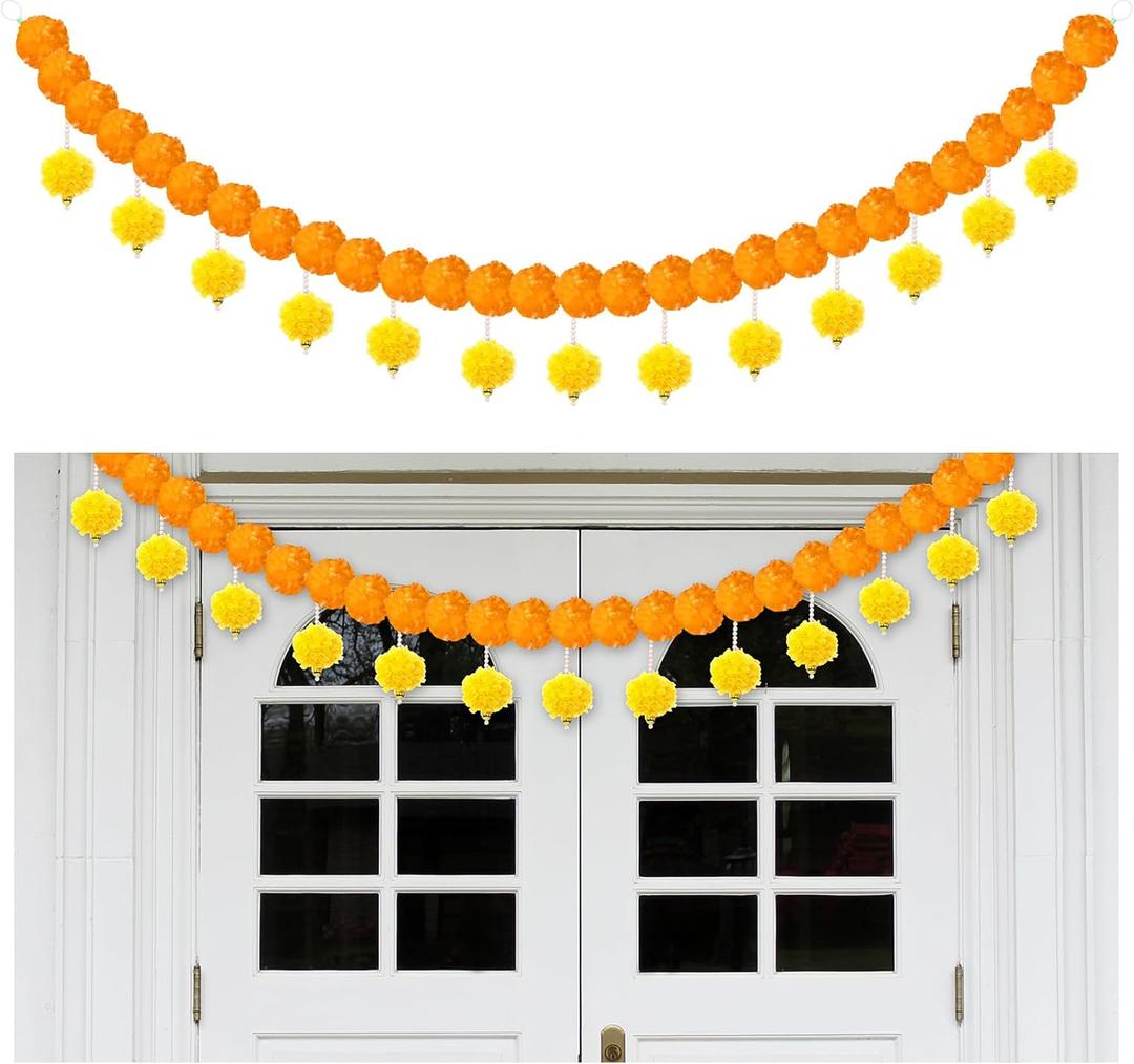 Riceshoot 1 Pcs Marigold Garland for Day of The Dead Decorations 4.6 Feet Long Strands Artificial Marigold Flowers with Pearls Decor for Da De Los Muertos Indian Wedding Toran Door Decor (Orange)