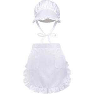KUOIN Waist Apron Bonnet Set Colonial Apron Cap Ruffle Retro Maid Hat Apron With Pockets Cooking Costume (white)