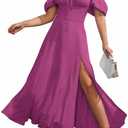 KUTUMAI Women Summer Puff Sleeve Off Shoulder Floral Flowy Long Maxi Dress HotPink S (Pink, S)
