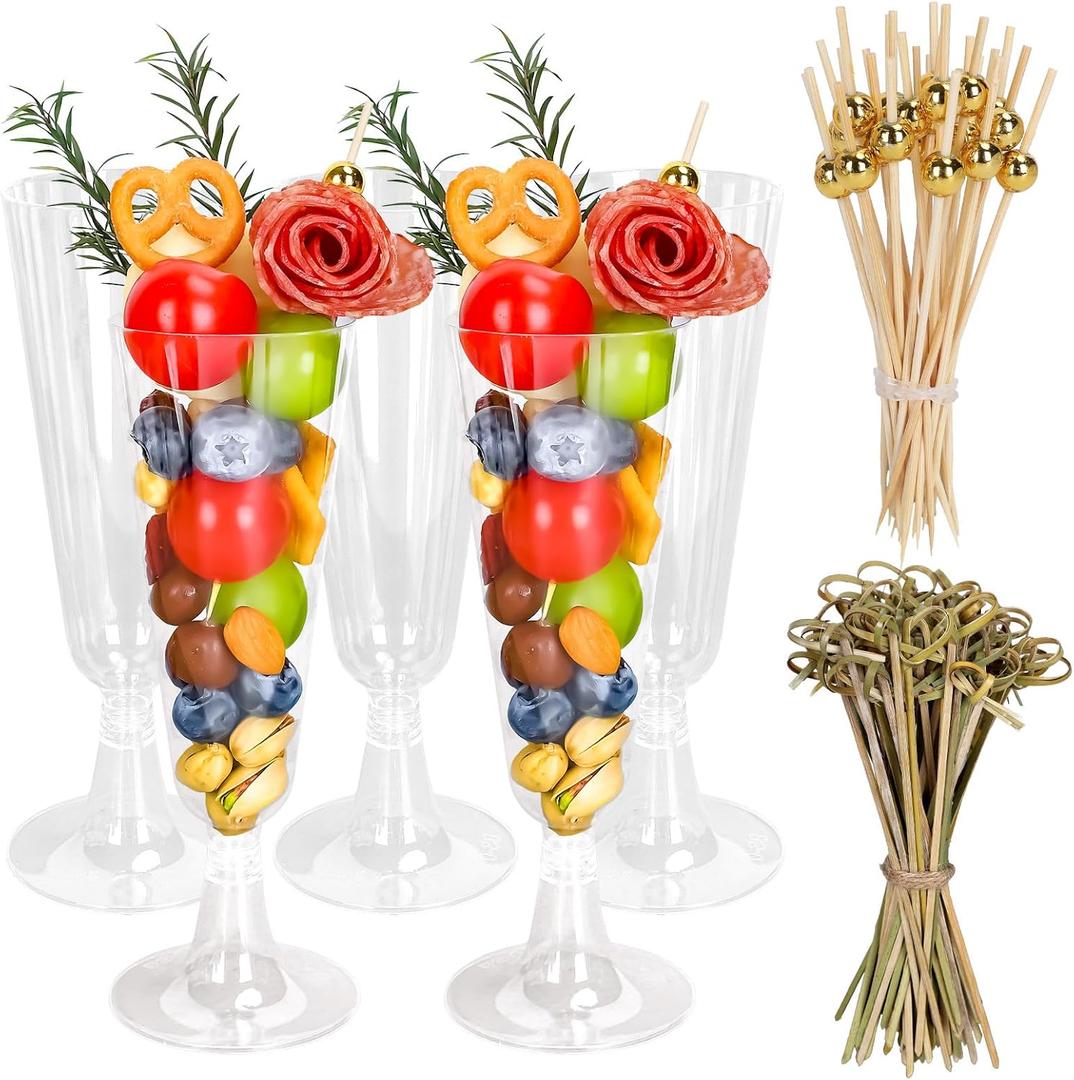 Whaline 50Pcs Clear Plastic Charcuterie Cups with Toothpicks Disposable Clear Appetizer Cups Champagne Flutes Wine Glasses for Wedding Graduation Banquet Party Supplies