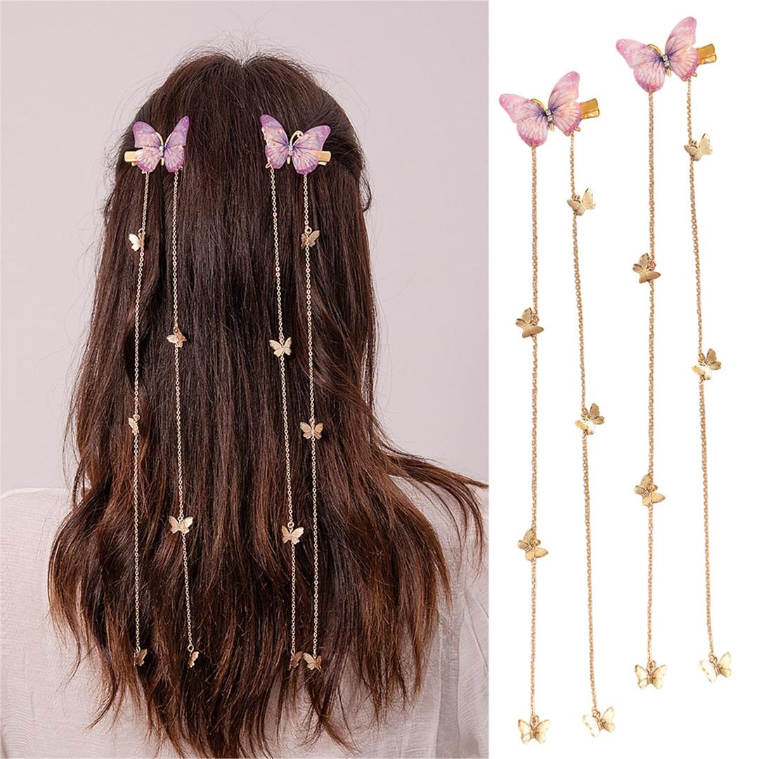 2Pcs Butterfly Hair Clips Spring Butterfly Flat Hair Clips With Golden Tassels Designs 3D Purple Butterflies Hair Accessories Alloy Spring Hair Barrettes for Women Long Hair Decoration