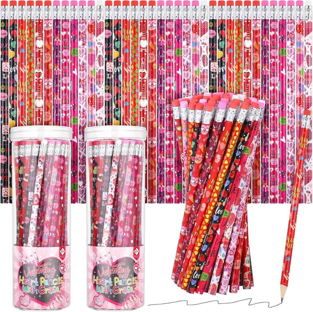 ADXCO 96 Valentines Day Pencils with Eraser and Pencil Bucket for Valentine's Day Party Supplies, Classroom Rewards, Carnival Prize, School Office Supplies
