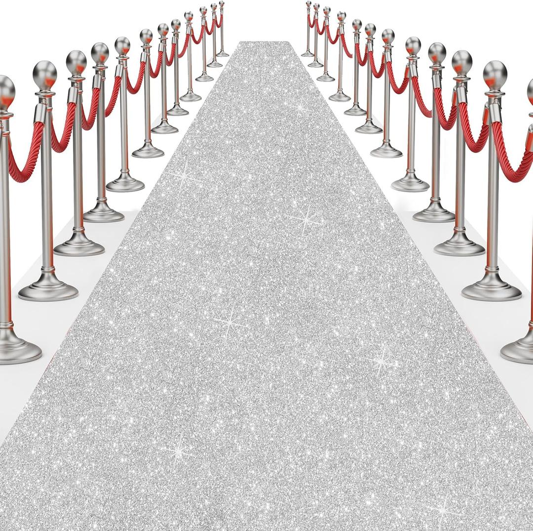 Glitter Carpet Runner for Party 2.6 X 30 ft Glitter Non-Woven Fabric, Carpet Rug for Event, Aisle Runway Runner for Wedding Ceremony, Movie Theme Party Decorations (Glitter Silver, 2.6FTx30FT)