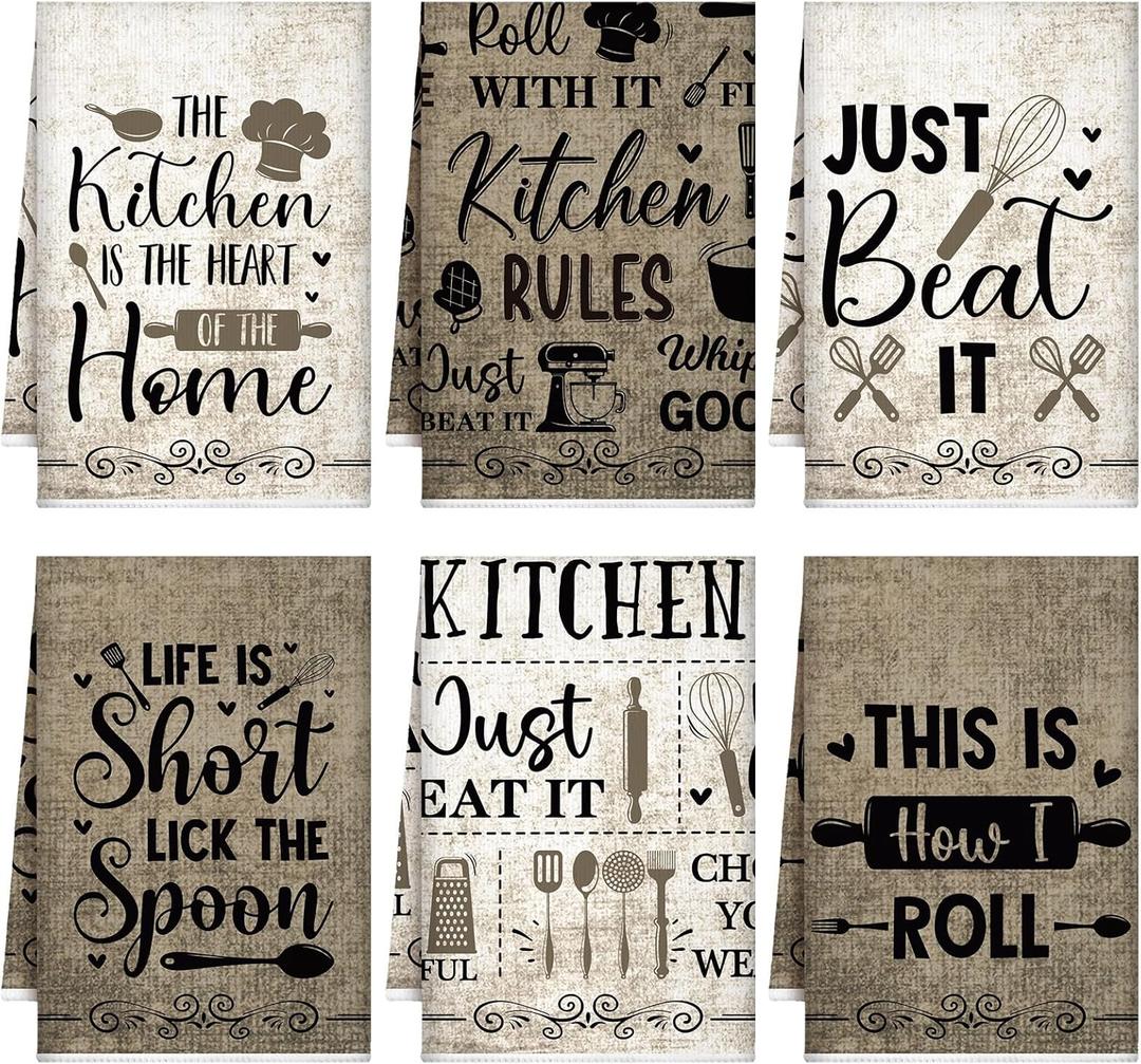 Bencailor 6 Pcs Simple Words Kitchen Towels Decorative Sets Dish Towels Absorbent Fast Drying Hand Tea Vintage Hanging Reusable Cleaning Dishcloths for Cooking Farmhouse Bathroom Accessory