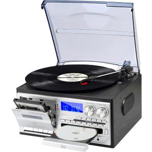 9 in 1 Vinyl Record Player with Bluetooth and Remote Control, 3 Speed Turntable for Family Entertainment, CD Cassette Playback, USB SD Input, AM FM Radio, Built in Stereo Speakers