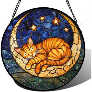Stained Glass Window Hanging - Orange Moon Sleeping Cat Sun Catcher for Door Home Decor Blue Starry Sky Suncatcher Christmas Mother's Day Birthday Gifts for Women Men Mom Nana 6.3 in