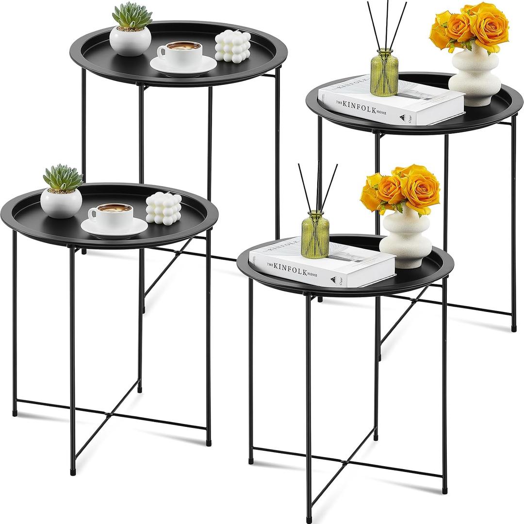 Kigley Set of 4 Metal Side Table Folding Tray Round Foldable End Table Outdoor Tray Table Small Stable Snack Nightstand for Outdoor Indoor Living Room Bedroom Patio, Black, 18.5 x 18.5 x 19.7''