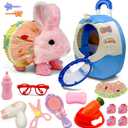14Pcs Hopping Bunny Toy, Walking & Talking Rabbit in Suitcase Animated Stuffed Animal with Removable Clothes & Accessories, Pretend Play Pet Set, Easter Gift for Girls 3-6