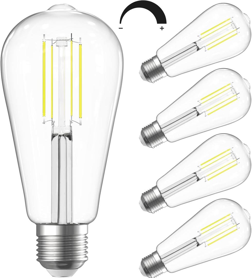SHINESTAR Dimmable Edison Bulbs, 6W, Equivalent 60W, Bright Daylight White 4000K, Vintage ST58 Antique LED Filament Bulbs, E26 Medium Base, 80+ CRI, Clear Glass, 4 Pack