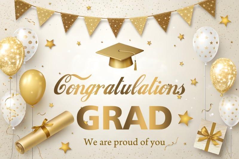 Yeele Congrats Grad Graduation Backdrop Golden White Balloon Gift Congratulations Class of 2025 Student Graduate Prom Party Decorations Background Celebration Birthday Banner Photo Booth 10x8ft (Cream)
