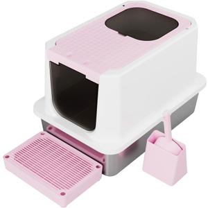 RIZZARI Enclosed Cat Litter Box: Large Top & Front Entry - High-Sided Anti-Scatter Design - Stainless Steel Odor Control - Easy Clean Teflon Non-Stick Coating- Pink Litter Pan - Entryway/Closet Nook