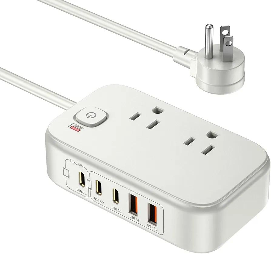 Power Strip with USB C Ports, 30W USB C Charging Station with 2 Outlets 3 USB C & 2 USB A, Travel Charger for Multiple Devices, 5FT Flat Extension Cord USB Charger Hub for Travel Home (Pearl White)