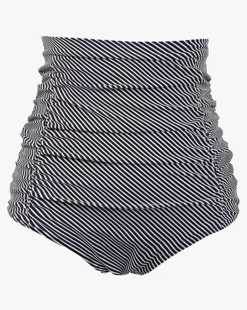 COCOPEAR Women's Ruched High Waisted Bikini Bottom Retro Vintage Swim Short Tankinis Floral 55, Medium, Black Stripe 