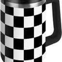 Checkered Black and White 40 oz Tumbler with Handle Lid Straw Insulated Tumblers Stainless Steel Tumbler Leak Proof for Water Coffee Ice Tea Keep Cold or Hot Black