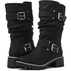 GLOBALWIN Women's Mid Calf Dress Boots Biker Motorcycle Riding Boots Women For Women Black Size 8.5M