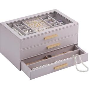 Lolalet Jewelry Box Organizer, 3-Layer Jewelry Organizers and Storage Case with Glass Lid, Ring Earring Bracelet Necklace Holder Organizer, Birthday Valentine Gifts for Women Girls -3Layer, HazePurple