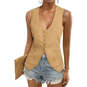 Tankaneo Womens Scoop Neck Blazer Vest Summer Linen Sleeveless Fitted Waistcoat Work Casual Cotton Suit Tops (Medium, Camel)
