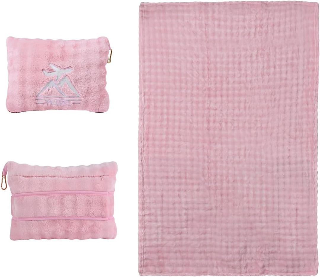 Travel Blanket and Pillow-2-in-1, Ultra-Soft & Compact, Airplane Blanket with Hand Luggage Belt and Backpack Clip, Travelers Accessories Gifts, 61x43 Inches (Pink)