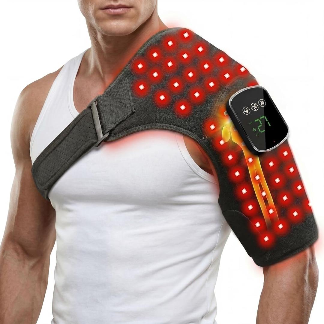 Red Light Therapy Belt for Shoulder Comfort - 5000mAh Cordless Heating Pad with 3 Massage Levels, 5 Light Modes, Adjustable Strap