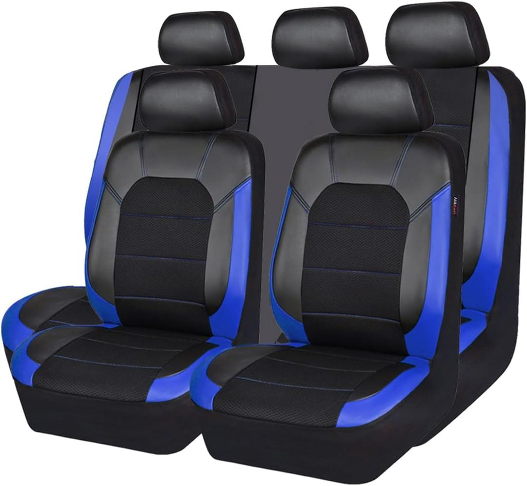 CAR PASS Leather seat Covers,Automotive Universal Sport car seat Cover Super 5mm Composite Sponge Inside,Airbag Compatible fits Most Cars, SUVs, Trucks, and Vans (Full Set,Black and Blue)