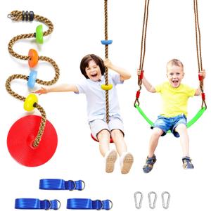 Tree Swing Climbing Rope 2 Pack Multicolor with Platforms Red Disc Swings Seat - Outdoor Playground Set Accessories Tree House Flying Saucer Outside Toys - Bonus Carabiner and 4 Feet Strap