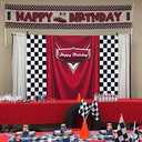 7x5ft Car Black White Grid Red Birthday Themed Backdrops Racing Flag Red Photo Backgrounds for Photography Happy Birthday Party Banner Photo Booth Props