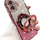 Magnetic Kickstand Glitter Case for iPhone 16, [Compatible with Magsafe] Luxury Bling Sparkly Diamond Rhinestones with Camera Lens Protector Soft TPU Women Girls Case for iPhone 16 6.1", Pink